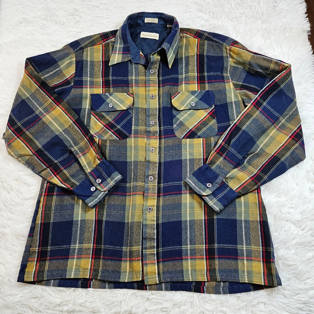 Back Packer Men Vintage Blue‎ Plaid Button Up Flannel Shirt Shacket Pockets Sz L